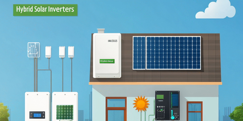 Illustration of a hybrid solar inverter system with solar panels, battery, and grid connection on a rooftop in Pakistan