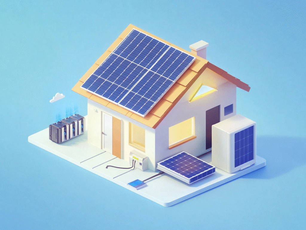 Illustration of a hybrid solar inverter system with rooftop solar panels, battery storage, and grid connection for residential use